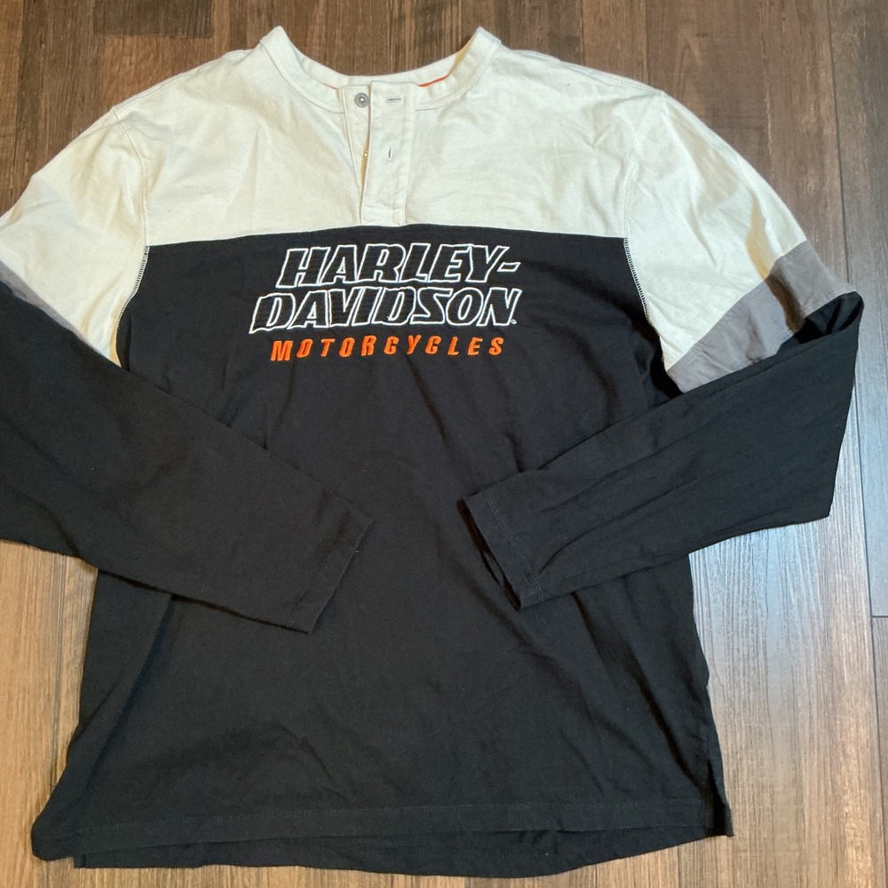 Harley-Davidson Colorblock Long Sleeve Henley Shirt Black White XL Racing Logo